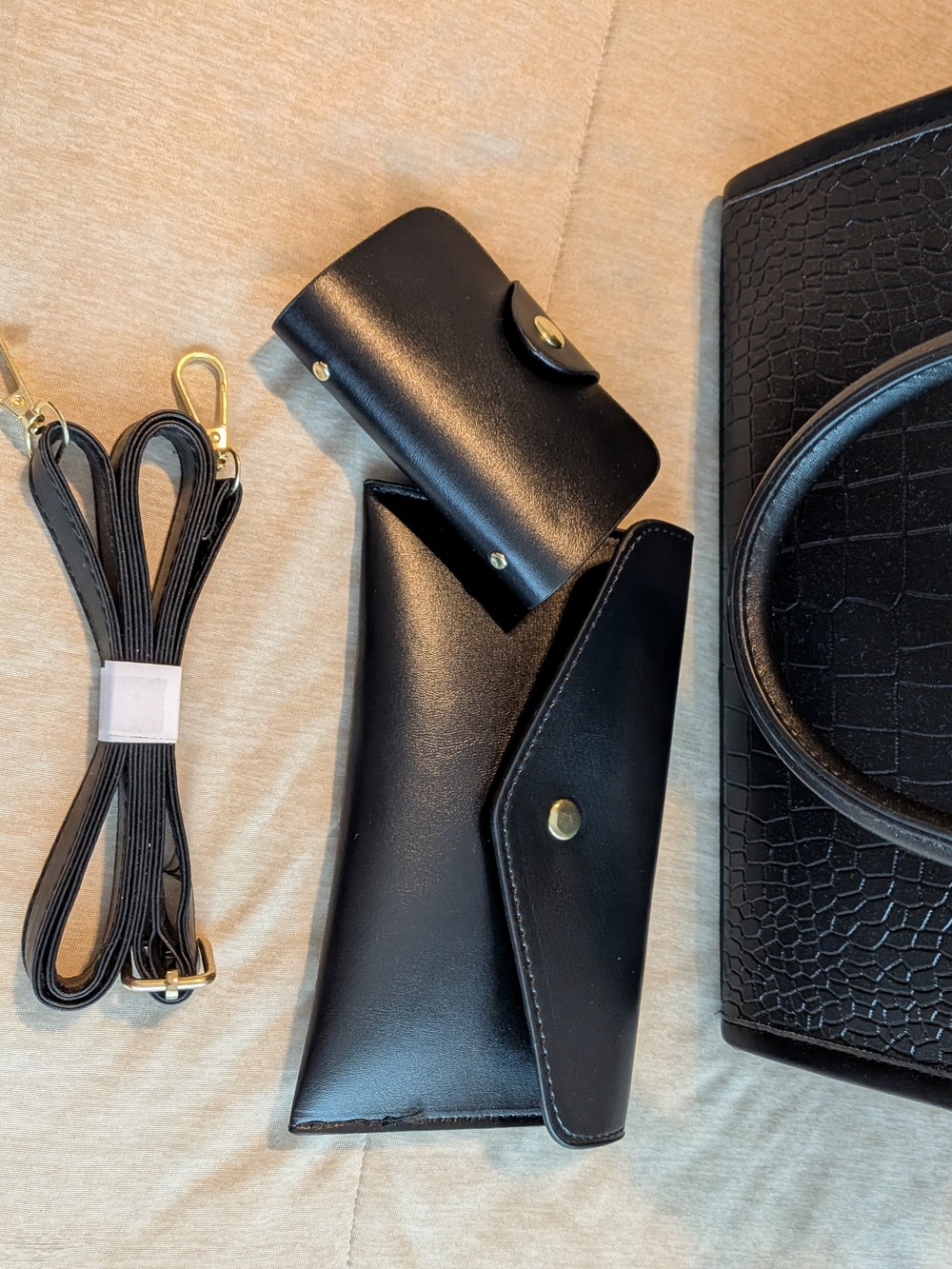Croc-Embossed Black Structured Satchel Handbag - Picture 6 of 8